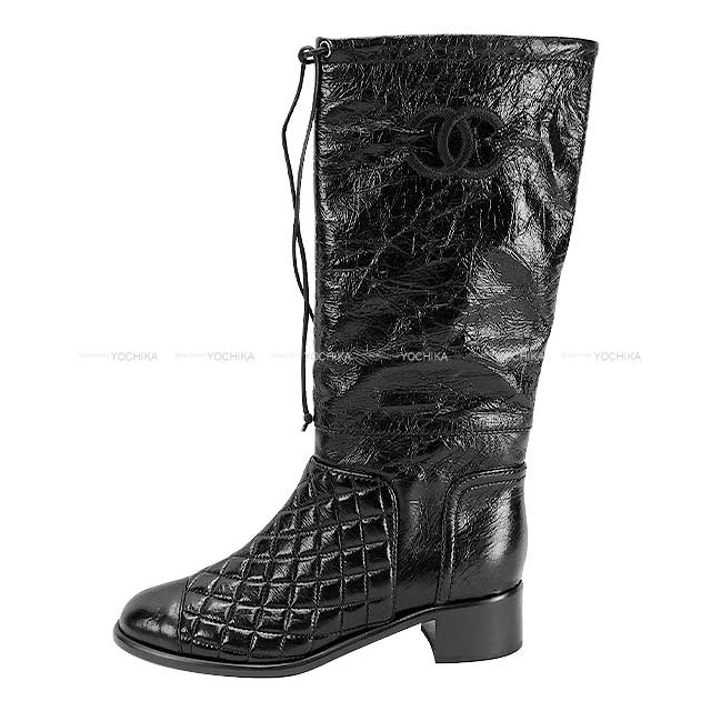 CHANEL boots Long boots Quilted COCO mark Noir (Black) Crumpled calfskin ＃37 G34098[EXCELLENT][Authentic]