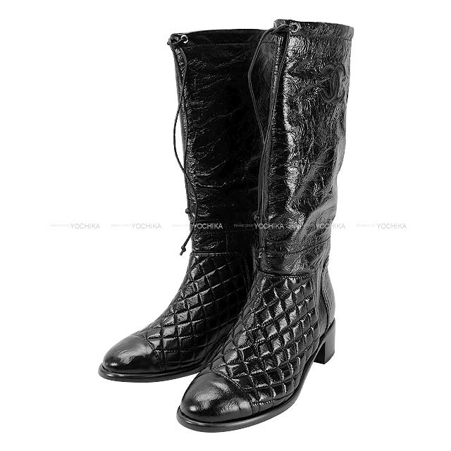 CHANEL boots Long boots Quilted COCO mark Noir (Black) Crumpled calfskin ＃37 G34098[EXCELLENT][Authentic]