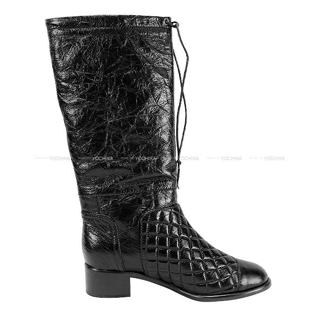 CHANEL boots Long boots Quilted COCO mark Noir (Black) Crumpled calfskin ＃37 G34098[EXCELLENT][Authentic]