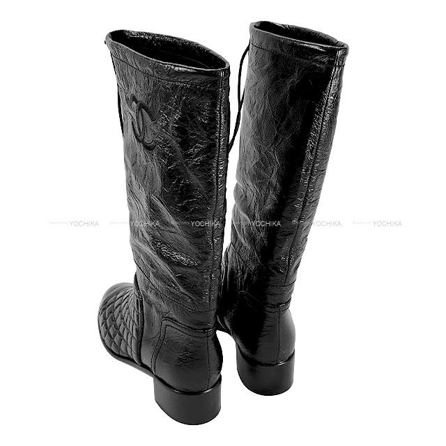 CHANEL boots Long boots Quilted COCO mark Noir (Black) Crumpled calfskin ＃37 G34098[EXCELLENT][Authentic]