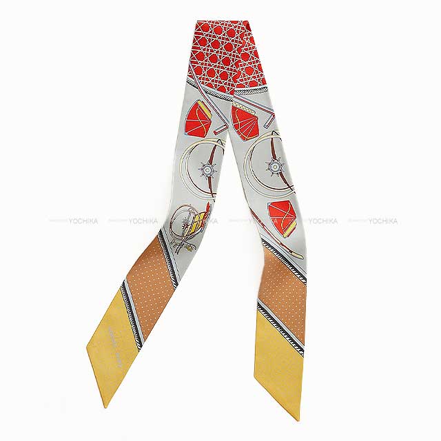 2024AW NEW HERMES scarf Twilly Les Voitures a Transformation Gris Perle/Red/Yellow Silk100%[BRAND NEW][Authentic]