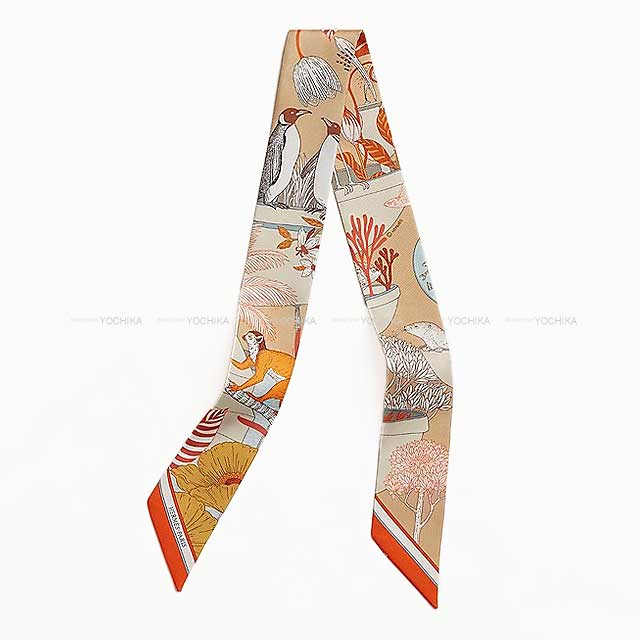 HERMES scarf Twilly Precious Paradise Beige dress/Orange/Gris Bleu Silk100%[BRAND NEW][Authentic]