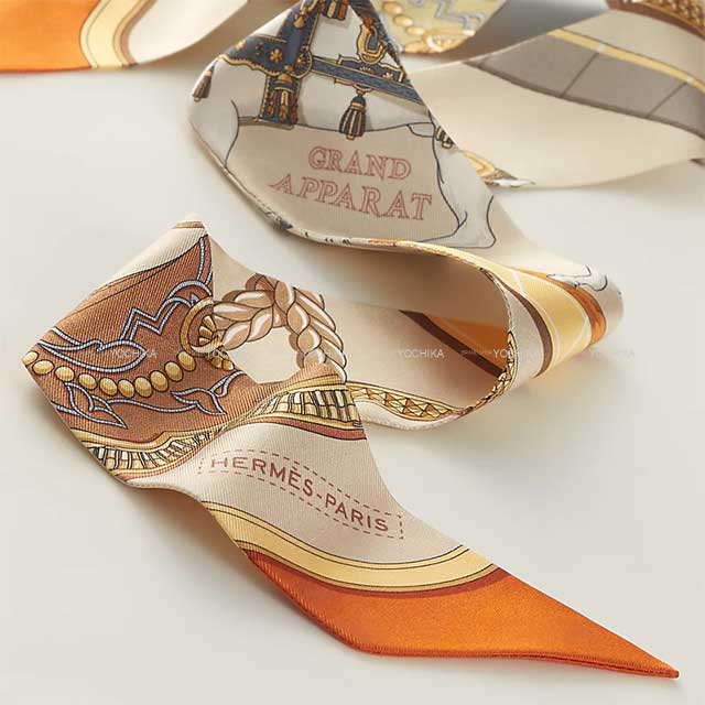 2024AW NEW HERMES scarf Twilly Grand Apparat Beige/Orange/Yellow Silk100%[BRAND NEW][Authentic]