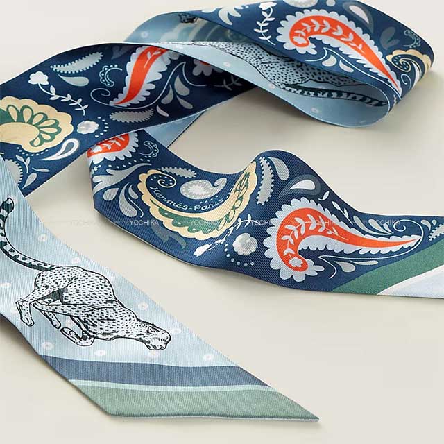 2024AW NEW HERMES scarf Twilly Guepards Bandana Marine Clair/Bleu Ciel/Green Silk100%[BRAND NEW][Authentic]