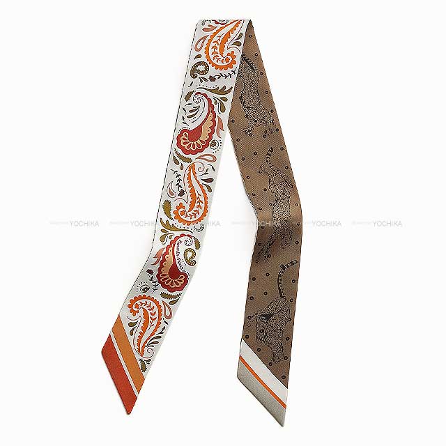 2024AW NEW HERMES scarf Twilly Guepards Bandana Blanc/Orange Cuivré/Green Silk100%[BRAND NEW][Authentic]