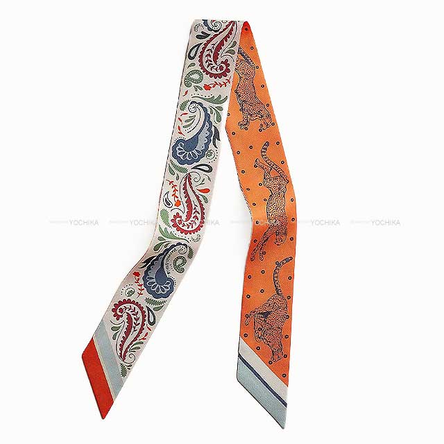 2024AW NEW HERMES scarf Twilly Guepards Bandana Creme/Orange/Green Silk100%[EXCELLENT][Authentic]