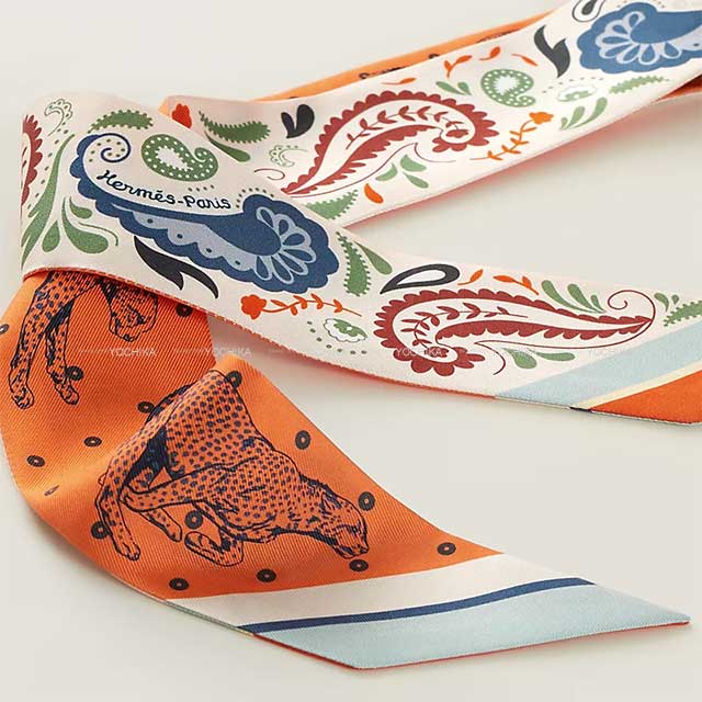 2024AW NEW HERMES scarf Twilly Guepards Bandana Creme/Orange/Green Silk100%[EXCELLENT][Authentic]