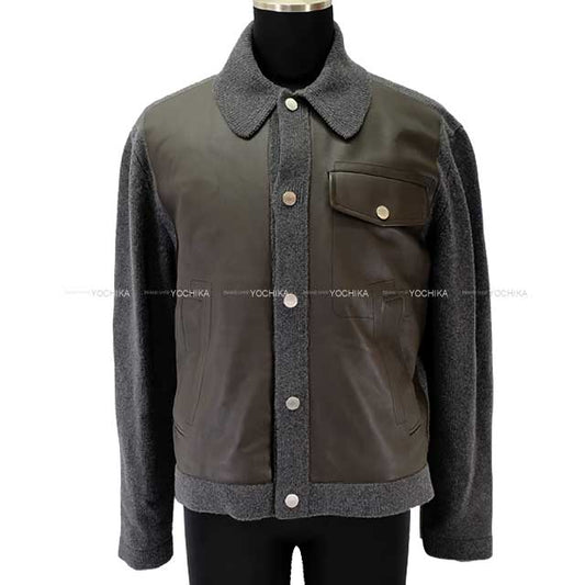 HERMES Long sleeve shirt Mens Over All-over Shirt Front Desk Leather Brown/Grey Wool Vaux Spall M Silver HW[BRAND NEW][Authentic]