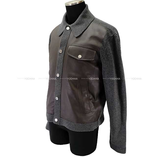 HERMES Long sleeve shirt Mens Over All-over Shirt Front Desk Leather Brown/Grey Wool Vaux Spall M Silver HW[BRAND NEW][Authentic]