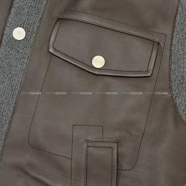 HERMES Long sleeve shirt Mens Over All-over Shirt Front Desk Leather Brown/Grey Wool Vaux Spall M Silver HW[BRAND NEW][Authentic]