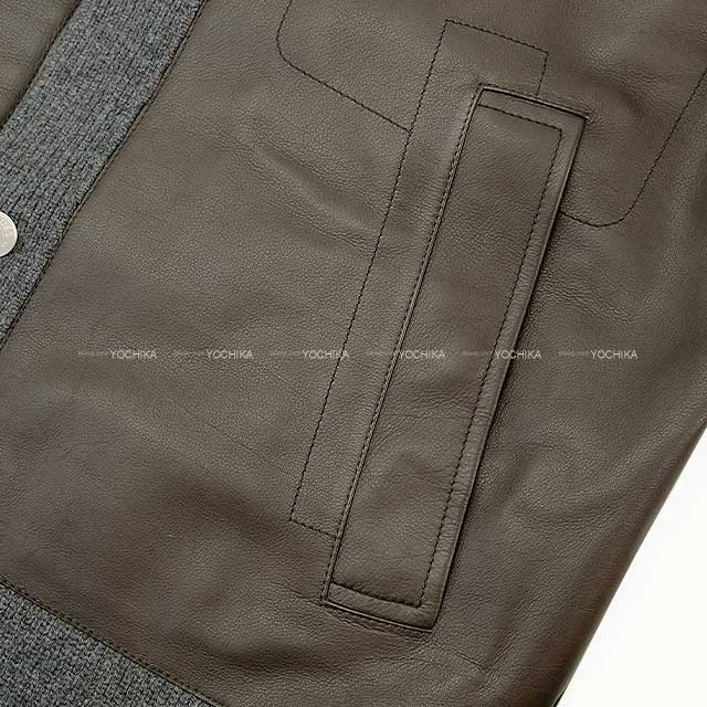 HERMES Long sleeve shirt Mens Over All-over Shirt Front Desk Leather Brown/Grey Wool Vaux Spall M Silver HW[BRAND NEW][Authentic]