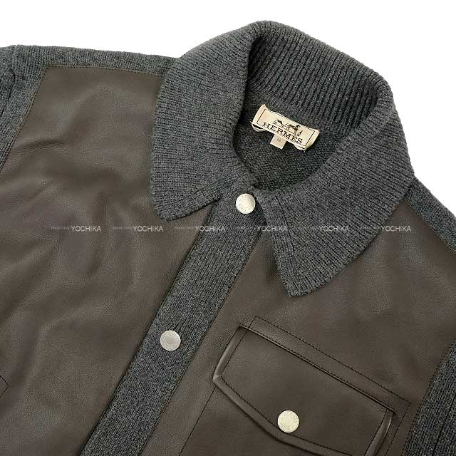 HERMES Long sleeve shirt Mens Over All-over Shirt Front Desk Leather Brown/Grey Wool Vaux Spall M Silver HW[BRAND NEW][Authentic]