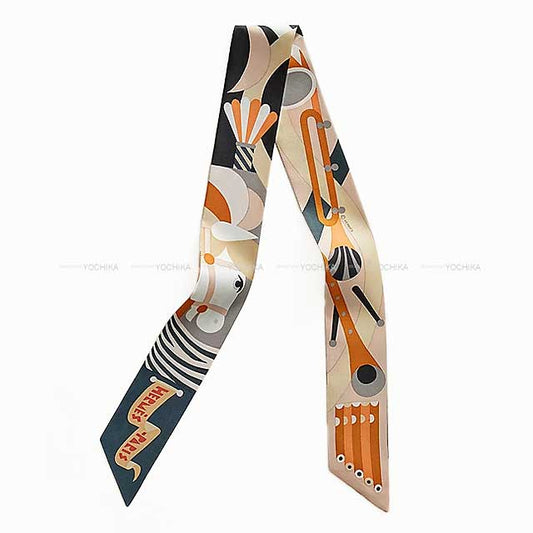 2023 AW HERMES scarf Twilly Parade en Fanfare black/Caramel/Gris Silk100%[EXCELLENT][Authentic]