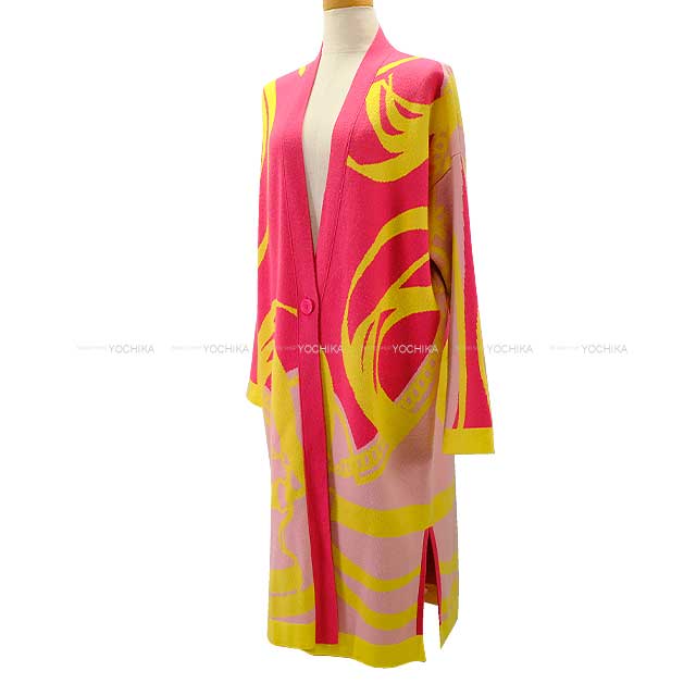 [Pre-loved] 2022AW HERMES Cardigan Ladies Long La Promenade du Matin Pink/Yellow Cashmere100% 34[LIKE NEW][Authentic]