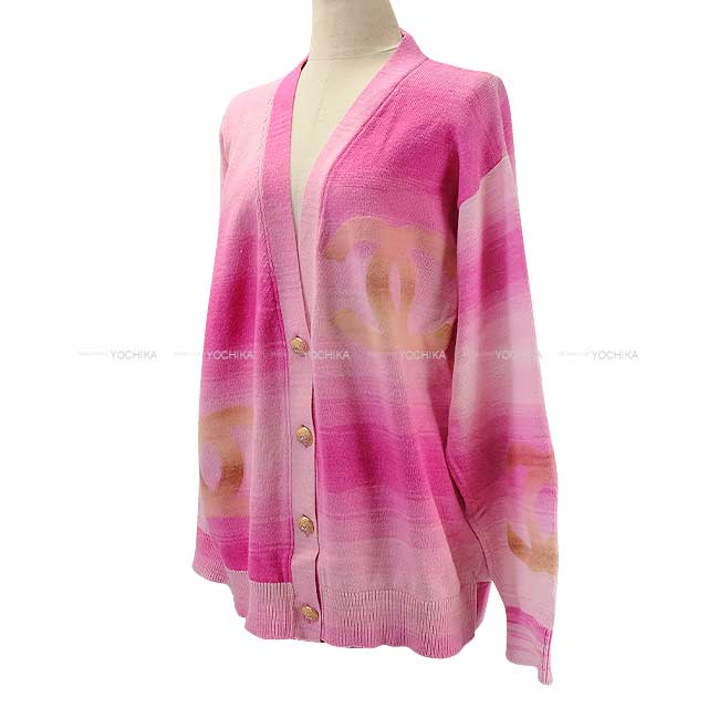 [Pre-loved] 2024 Cruise CHANEL Cardigan Big COCO mark gradient button cardigan Pink/Multicolor 70% cotton/30% cashmere 40 P76542[LIKE NEW][Authentic]