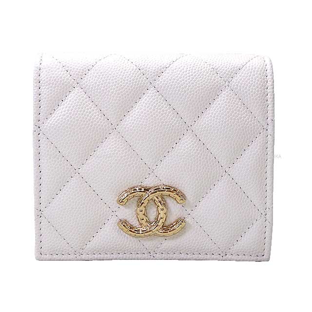 2024 Metiers d'Art Collection CHANEL Bi-fold wallet Matelasse Coco Mark Safety Pin Blanc (White)/Noir (Black)/Multicolor Graind Calf(Caviarskin) Champagne Gold HW AP3185[EXCELLENT][Authentic]