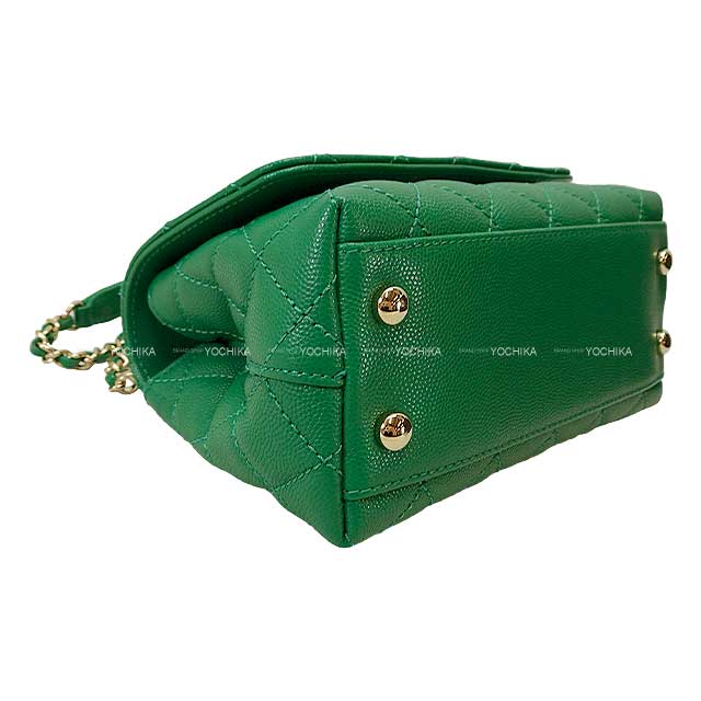 CHANEL Shoulder bag Matelasse Top Handle Flap Bag XXS 2Way Chain Green Graind Calf(Caviarskin) Champagne Gold HW AS2215[EXCELLENT][Authentic]