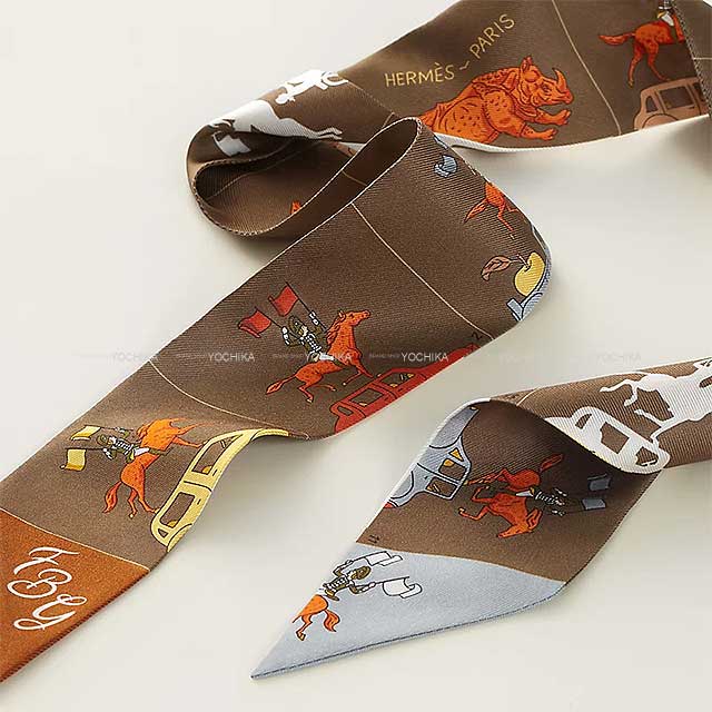 2024AW NEW HERMES scarf Twilly Hermes Parade Marron/Gris/Orange Silk100%[BRAND NEW][Authentic]