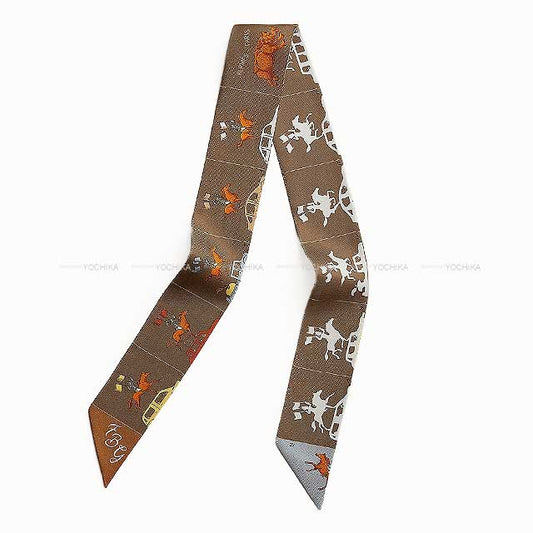 2024AW NEW HERMES scarf Twilly Hermes Parade Marron/Gris/Orange Silk100%[BRAND NEW][Authentic]