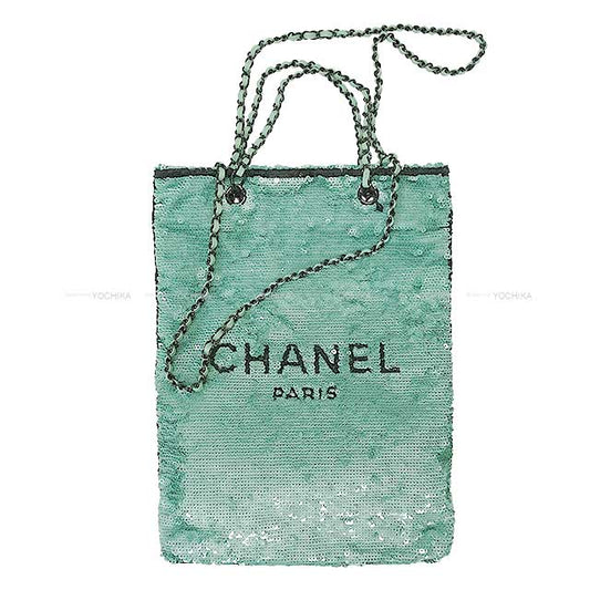 2024 SS New CHANEL Logo Spangle Shopping Chain Bag Mint Green Sequins Black HW AS4856[BRAND NEW][Authentic]