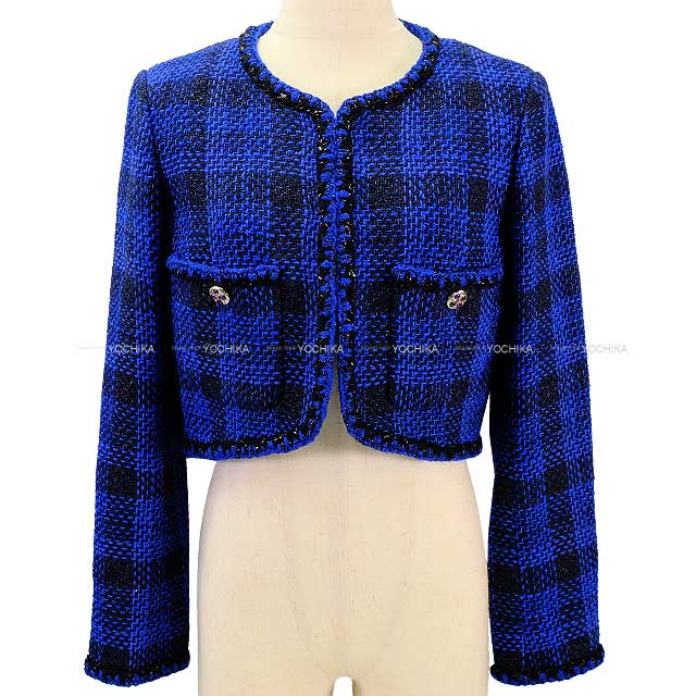 2023 SS CHANEL Plainly colored jacket Tweed Shiny Short #36 Blue/Noir (Black) Cotton/Viscose P74429[EXCELLENT][Authentic]