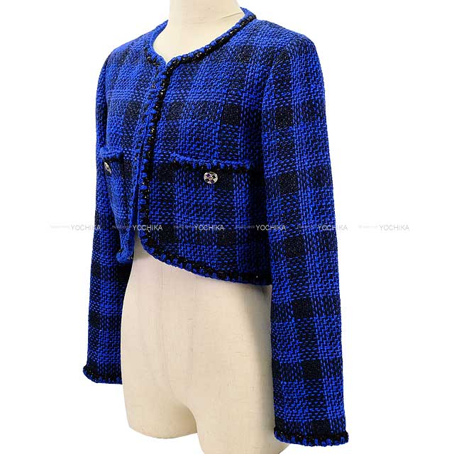 2023 SS CHANEL Plainly colored jacket Tweed Shiny Short #36 Blue/Noir (Black) Cotton/Viscose P74429[EXCELLENT][Authentic]