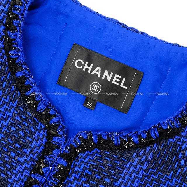 2023 SS CHANEL Plainly colored jacket Tweed Shiny Short #36 Blue/Noir (Black) Cotton/Viscose P74429[EXCELLENT][Authentic]