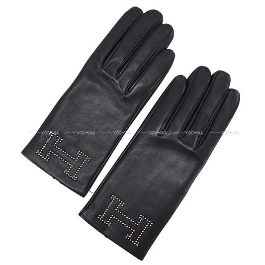 HERMES glove Glove Bastille Metalic #7.5 Noir (Black) Agneau glase/Silk[BRAND NEW][Authentic]