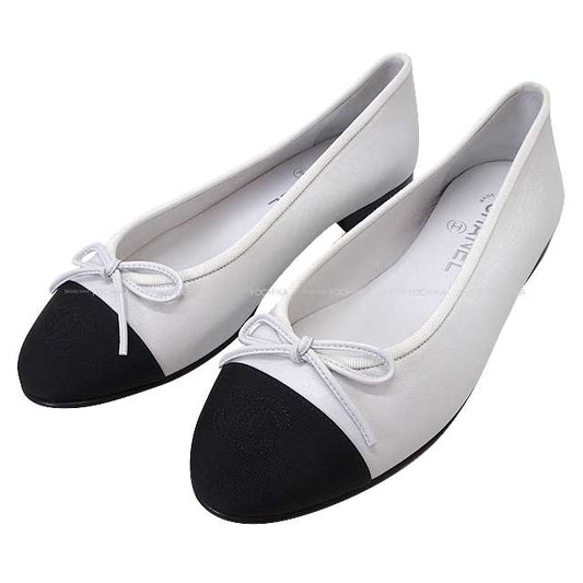 CHANEL ballet shoes(flat shoes) Flat Coco mark #37.5 Blanc (White)/Noir (Black) Leather 37.5 G02819[EXCELLENT][Authentic]