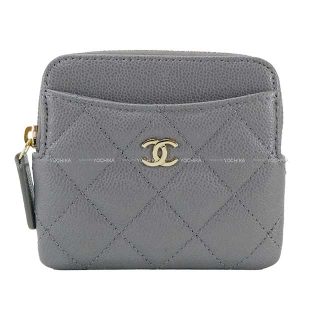 CHANEL card holder Matelasse Coco mark Grey Graind Calf(Caviarskin) Champagne Gold HW AP2061[BRAND NEW][Authentic]