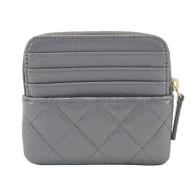 CHANEL card holder Matelasse Coco mark Grey Graind Calf(Caviarskin) Champagne Gold HW AP2061[BRAND NEW][Authentic]