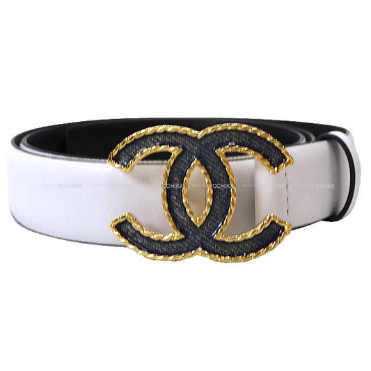 CHANEL belt Icon COCO Mark Backle #75 Blanc (White)/Noir (Black) Calf Gold HW AA9746[EXCELLENT][Authentic]