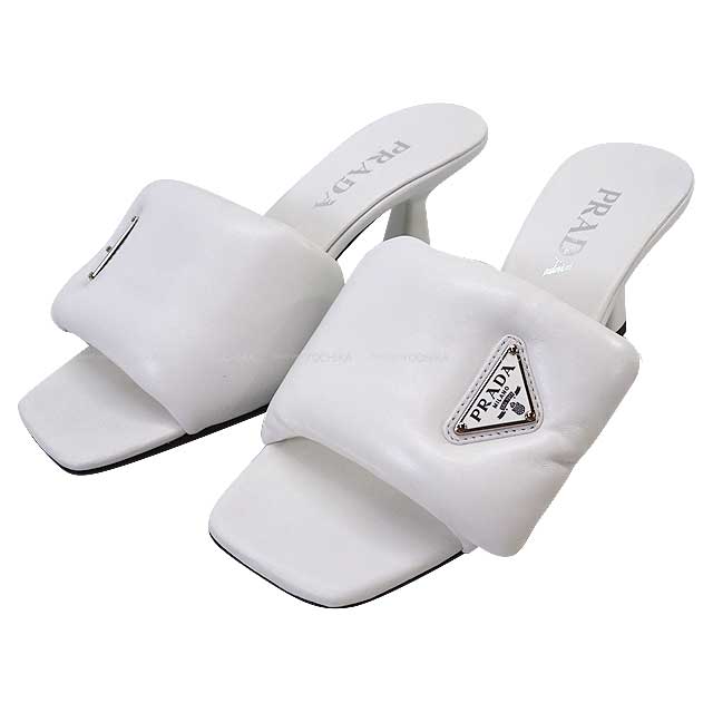 PRADA sandals Logo Softpadded #37.5 Blanc (White) Leather 1xx654[EXCELLENT][Authentic]