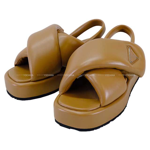 PRADA sandals Wedge Softpadded Caramel Nappa Leather 37.5[EXCELLENT][Authentic]