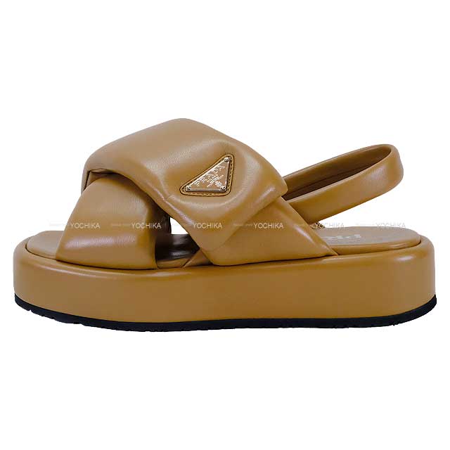 PRADA sandals Wedge Softpadded Caramel Nappa Leather 37.5[EXCELLENT][Authentic]