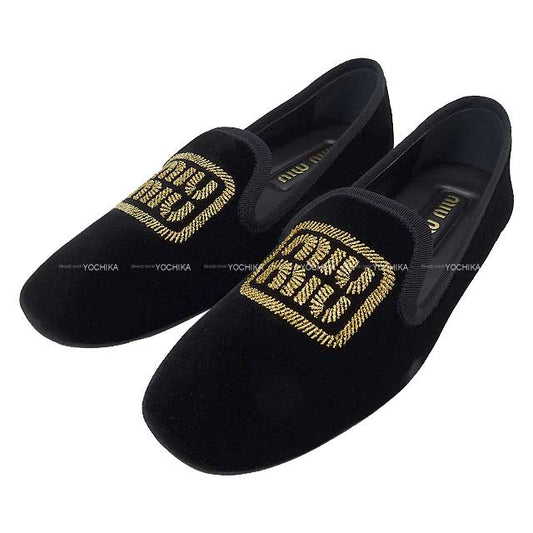 MIUMIU Slippers logo velvet flattie shoes #37.5 Noir (Black)/Gold Velour 5S090E[EXCELLENT][Authentic]