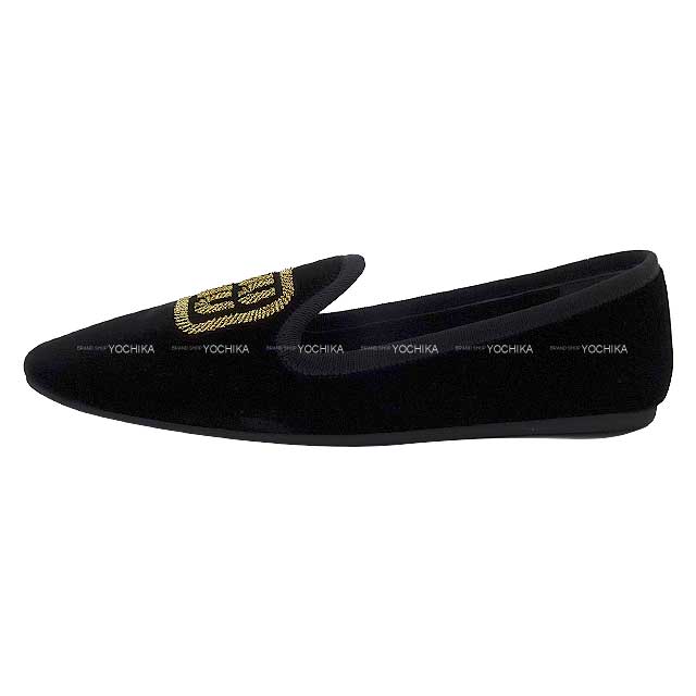 MIUMIU Slippers logo velvet flattie shoes #37.5 Noir (Black)/Gold Velour 5S090E[EXCELLENT][Authentic]