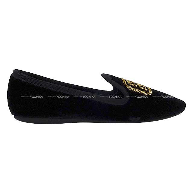 MIUMIU Slippers logo velvet flattie shoes #37.5 Noir (Black)/Gold Velour 5S090E[EXCELLENT][Authentic]