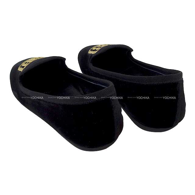 MIUMIU Slippers logo velvet flattie shoes #37.5 Noir (Black)/Gold Velour 5S090E[EXCELLENT][Authentic]