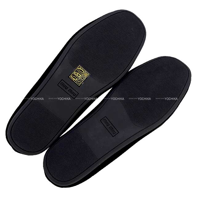 MIUMIU Slippers logo velvet flattie shoes #37.5 Noir (Black)/Gold Velour 5S090E[EXCELLENT][Authentic]