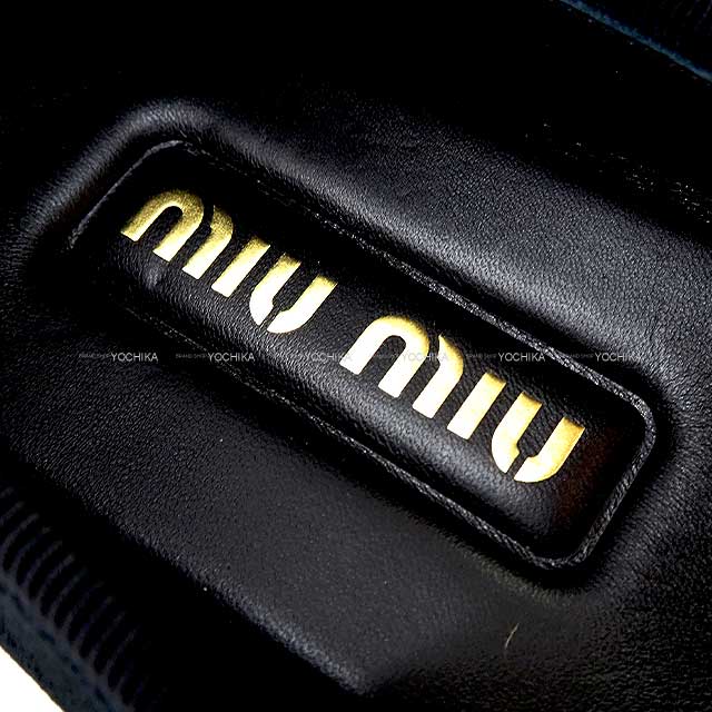 MIUMIU Slippers logo velvet flattie shoes #37.5 Noir (Black)/Gold Velour 5S090E[EXCELLENT][Authentic]