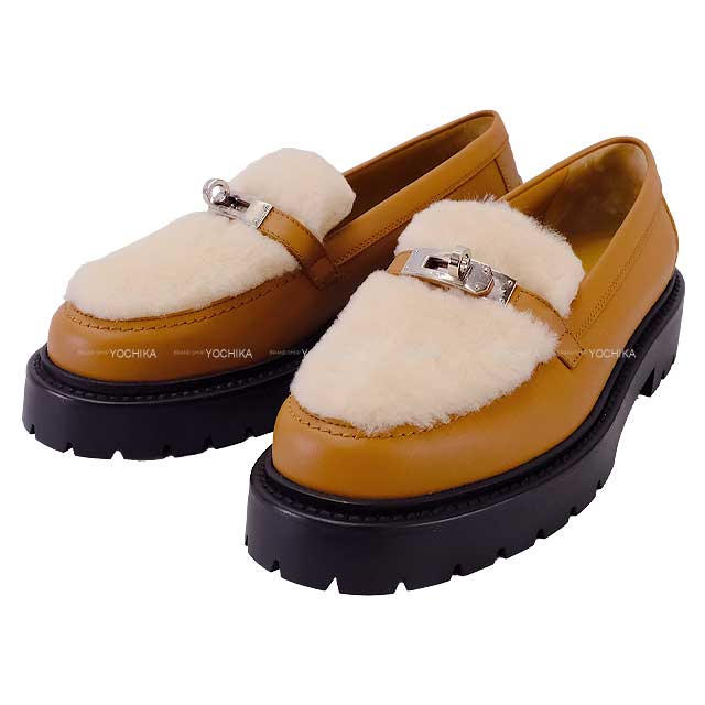 2024 AW NEW HERMES Moccasins Icon Kellybelt #38 Naturel Ecru Calfskin/Sheepskin Silver HW[EXCELLENT][Authentic]