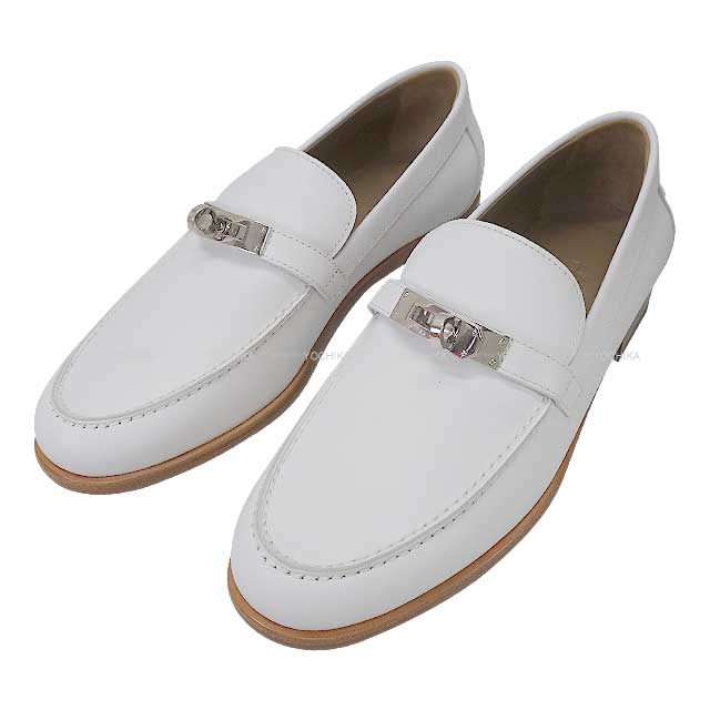 HERMES Moccasins DESTIN Kellybelt #38 Blanc (White) Calf Leather Silver HW[EXCELLENT][Authentic]