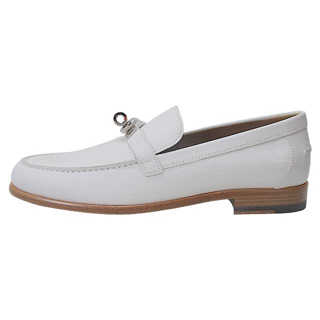 HERMES Moccasins DESTIN Kellybelt #38 Blanc (White) Calf Leather Silver HW[EXCELLENT][Authentic]