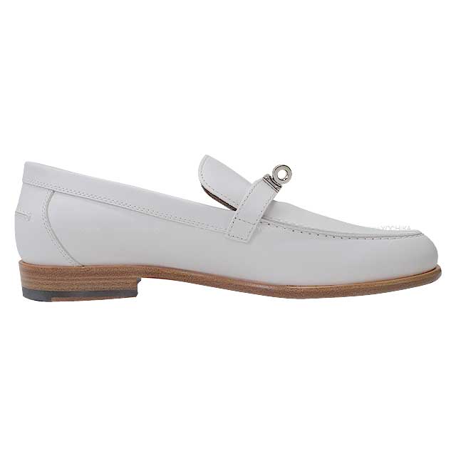 HERMES Moccasins DESTIN Kellybelt #38 Blanc (White) Calf Leather Silver HW[EXCELLENT][Authentic]