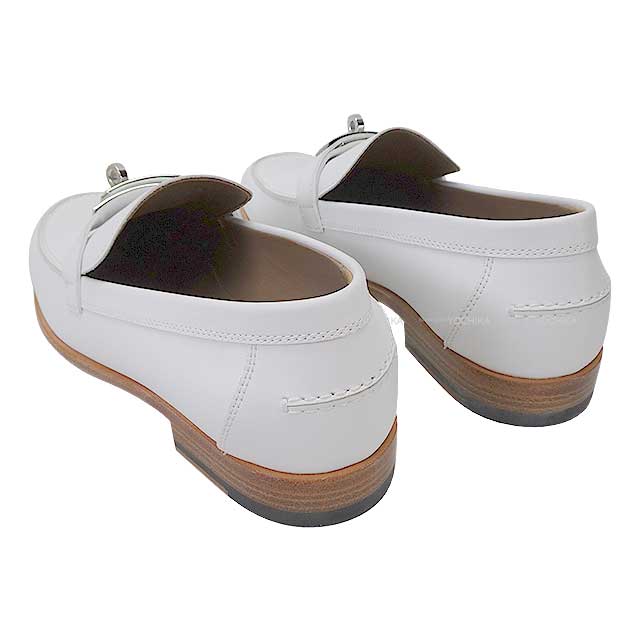 HERMES Moccasins DESTIN Kellybelt #38 Blanc (White) Calf Leather Silver HW[EXCELLENT][Authentic]