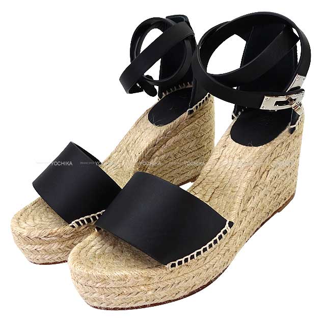 HERMES sandals Wedge sole Espadrilles Tivoli #37 Noir (Black) Calf Silver HW[EXCELLENT][Authentic]