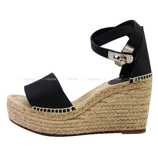 HERMES sandals Wedge sole Espadrilles Tivoli #37 Noir (Black) Calf Silver HW[EXCELLENT][Authentic]