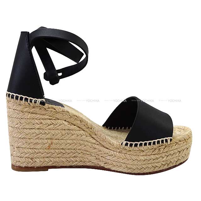 HERMES sandals Wedge sole Espadrilles Tivoli #37 Noir (Black) Calf Silver HW[EXCELLENT][Authentic]