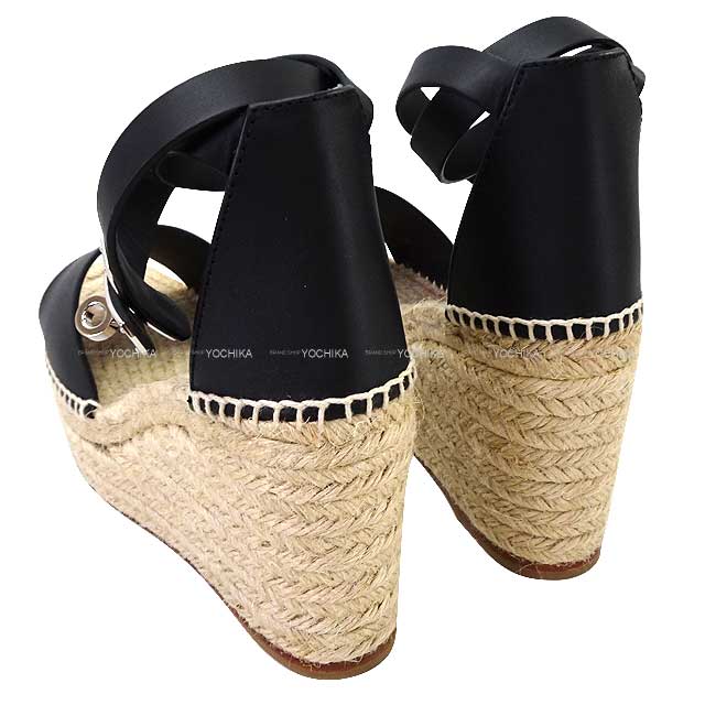 HERMES sandals Wedge sole Espadrilles Tivoli #37 Noir (Black) Calf Silver HW[EXCELLENT][Authentic]